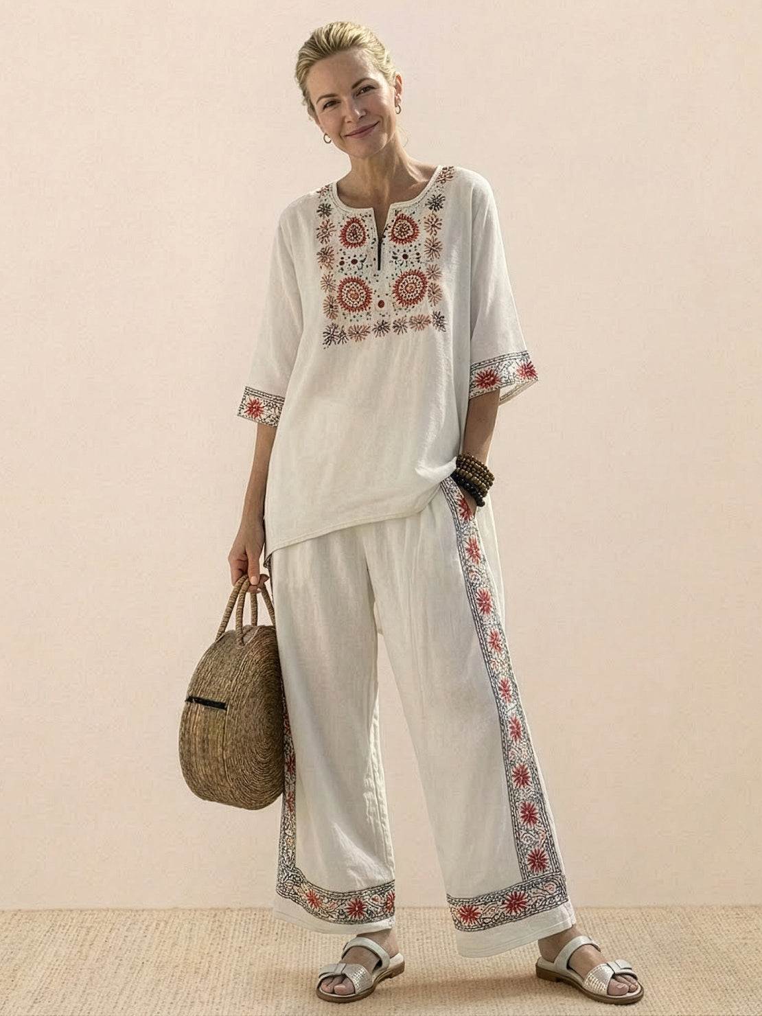 Women's striped wide-leg pants and oversized tee two-piece matching set in coastal casual style