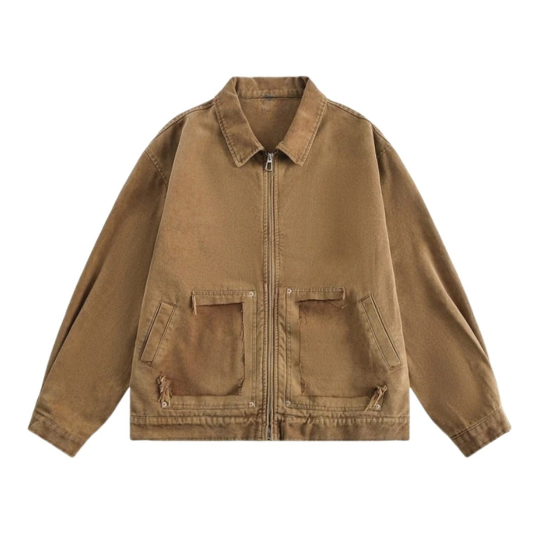 Washed cotton cargo jacket relaxed fit zip front with raw-finish navy patch pockets unisex outerwear