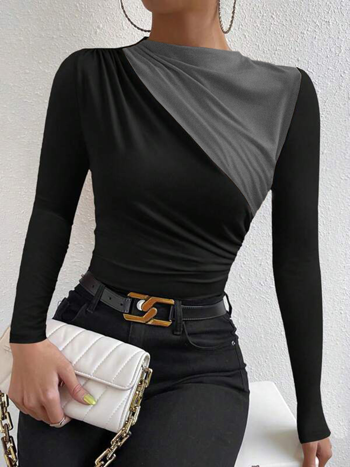 Color block long sleeve T-shirt mock neck draped pleated jersey casual elegant top