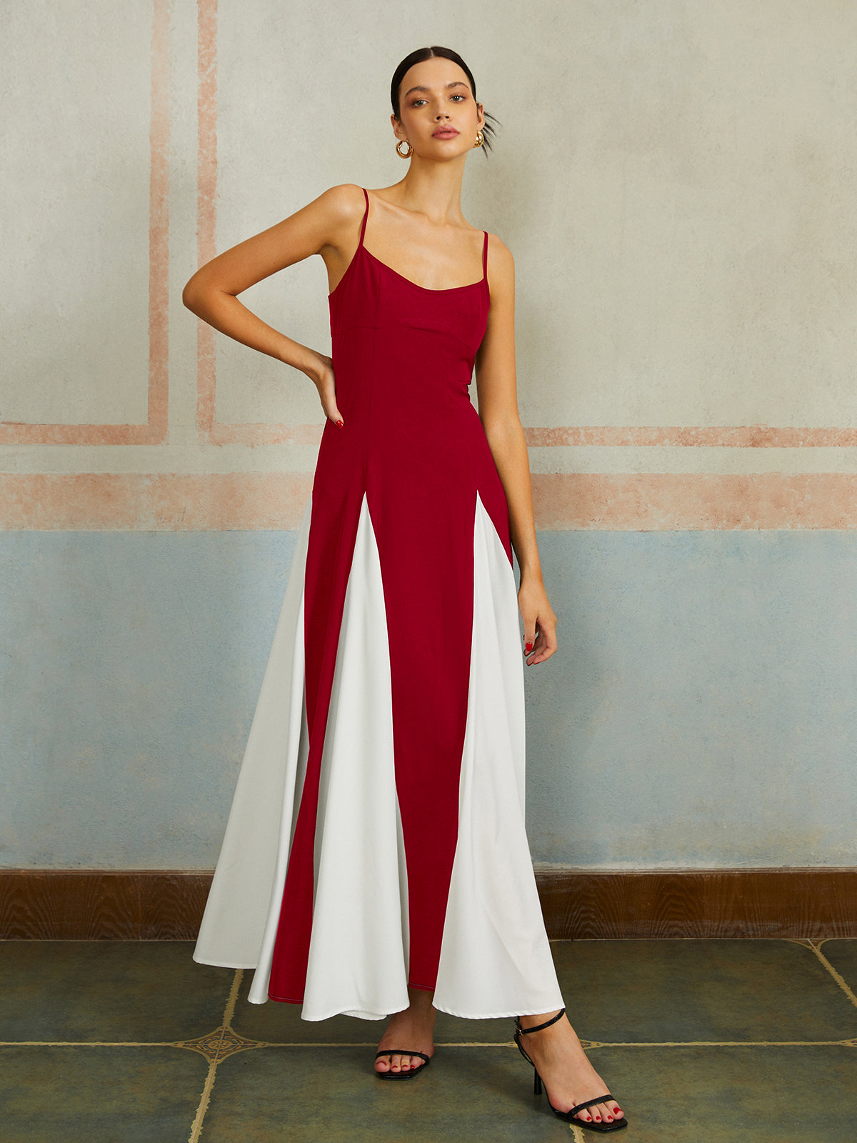 Color block spaghetti strap maxi dress in bold hues, sleek silhouette for day-to-night elegance