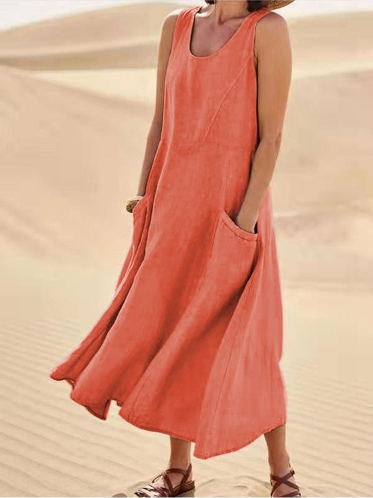 Lightweight knee-length summer dress in breezy cotton-polyester blend, flattering everyday silhouette