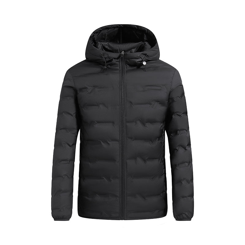 Men's navy hooded puffer jacket with box-baffle high-loft insulation, slim modern fit, windproof