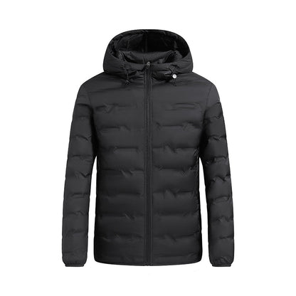 Men's navy hooded puffer jacket with box-baffle high-loft insulation, slim modern fit, windproof