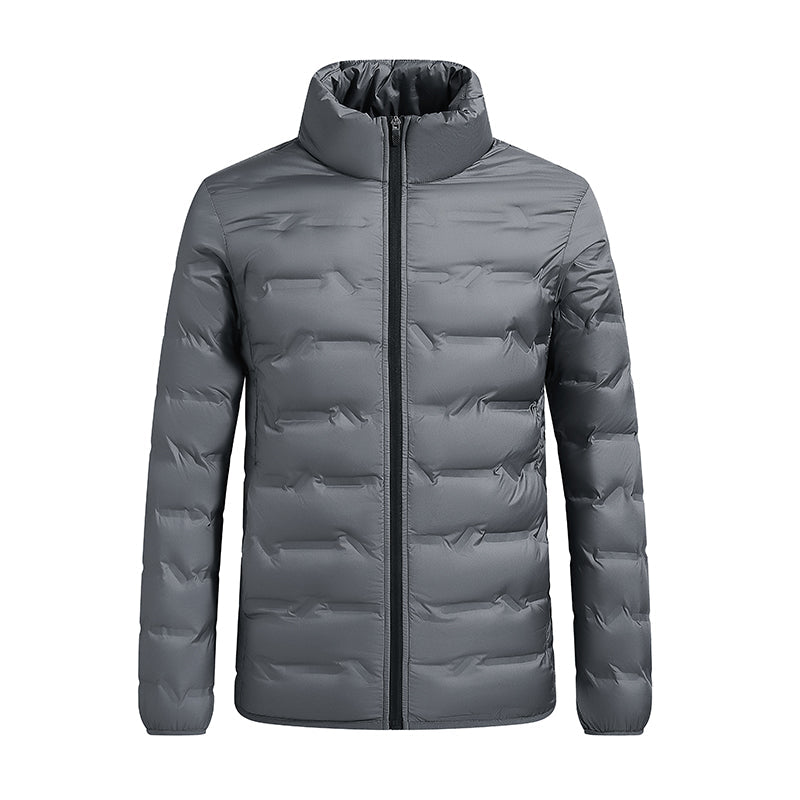 Men's black hooded puffer jacket with high-loft box-baffle insulation, slim modern silhouette