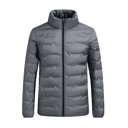 Men's black hooded puffer jacket with high-loft box-baffle insulation, slim modern silhouette
