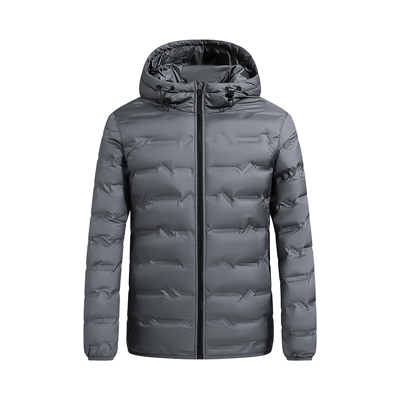Men's navy hooded puffer jacket with high-loft box-baffle insulation, windproof slim-fit winter outerwear