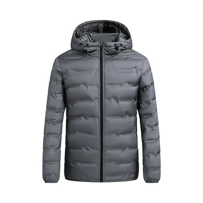 Men's navy hooded puffer jacket with high-loft box-baffle insulation, windproof slim-fit winter outerwear