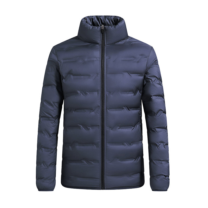 Men's navy hooded puffer jacket with box-baffle high-loft insulation, windproof slim winter outerwear
