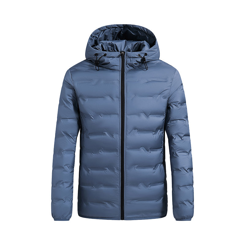Men's navy hooded puffer jacket with box-baffle high-loft insulation, slim modern silhouette