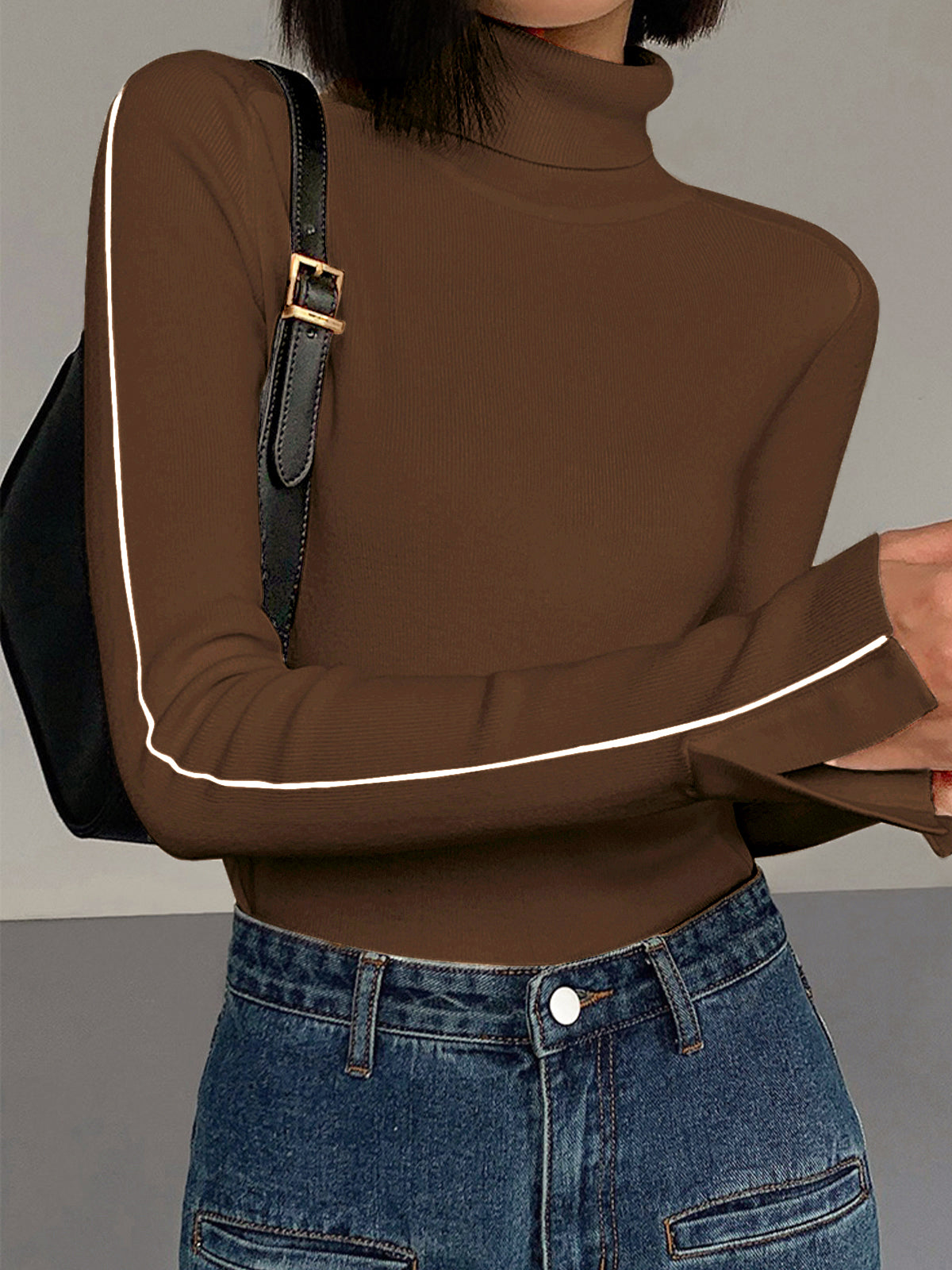 Ivory turtleneck knit sweater regular fit with contrast piping trim long sleeve casual elegant