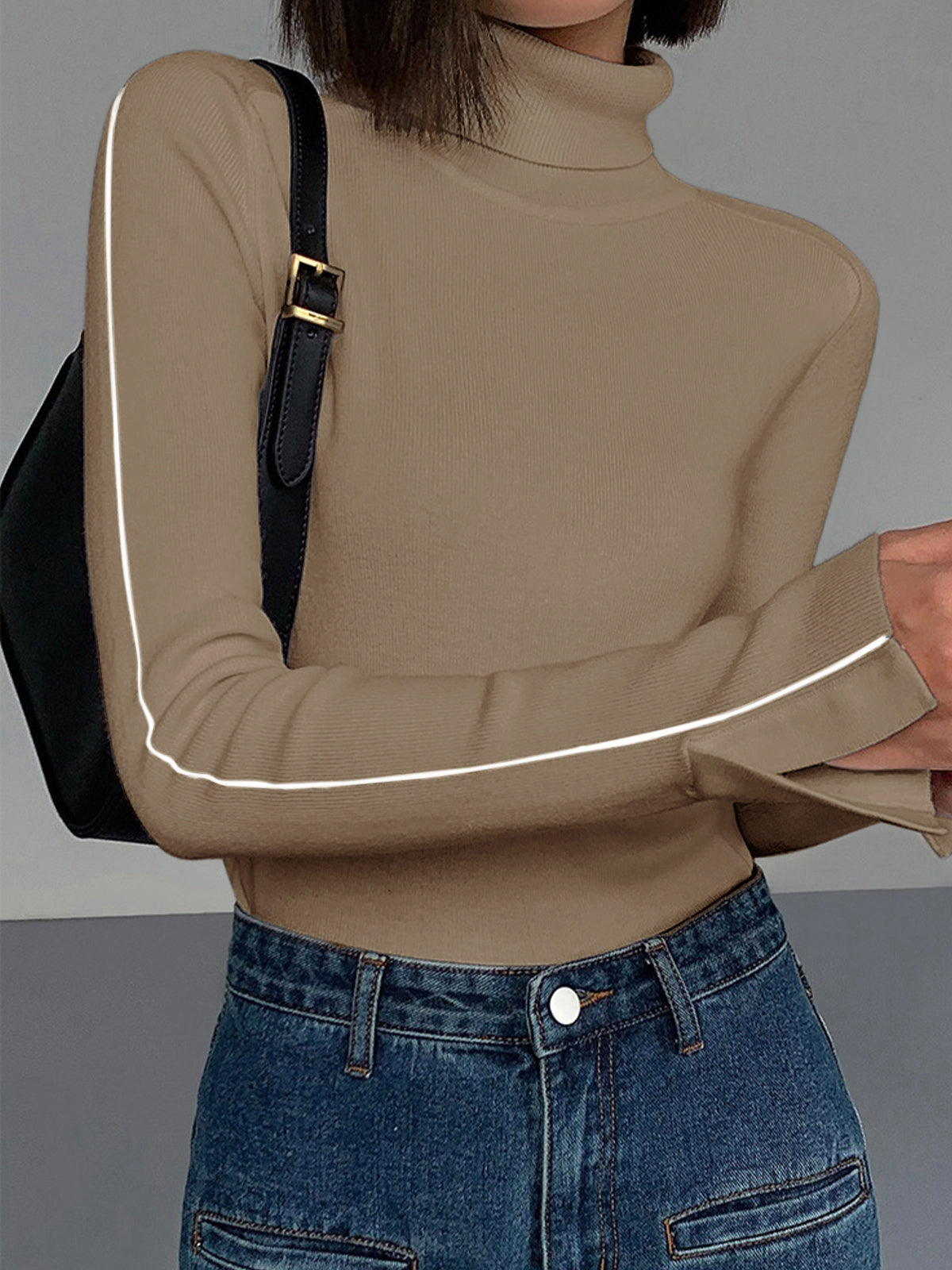 Cream turtleneck sweater with contrast piping trim, regular fit long sleeve knit pullover