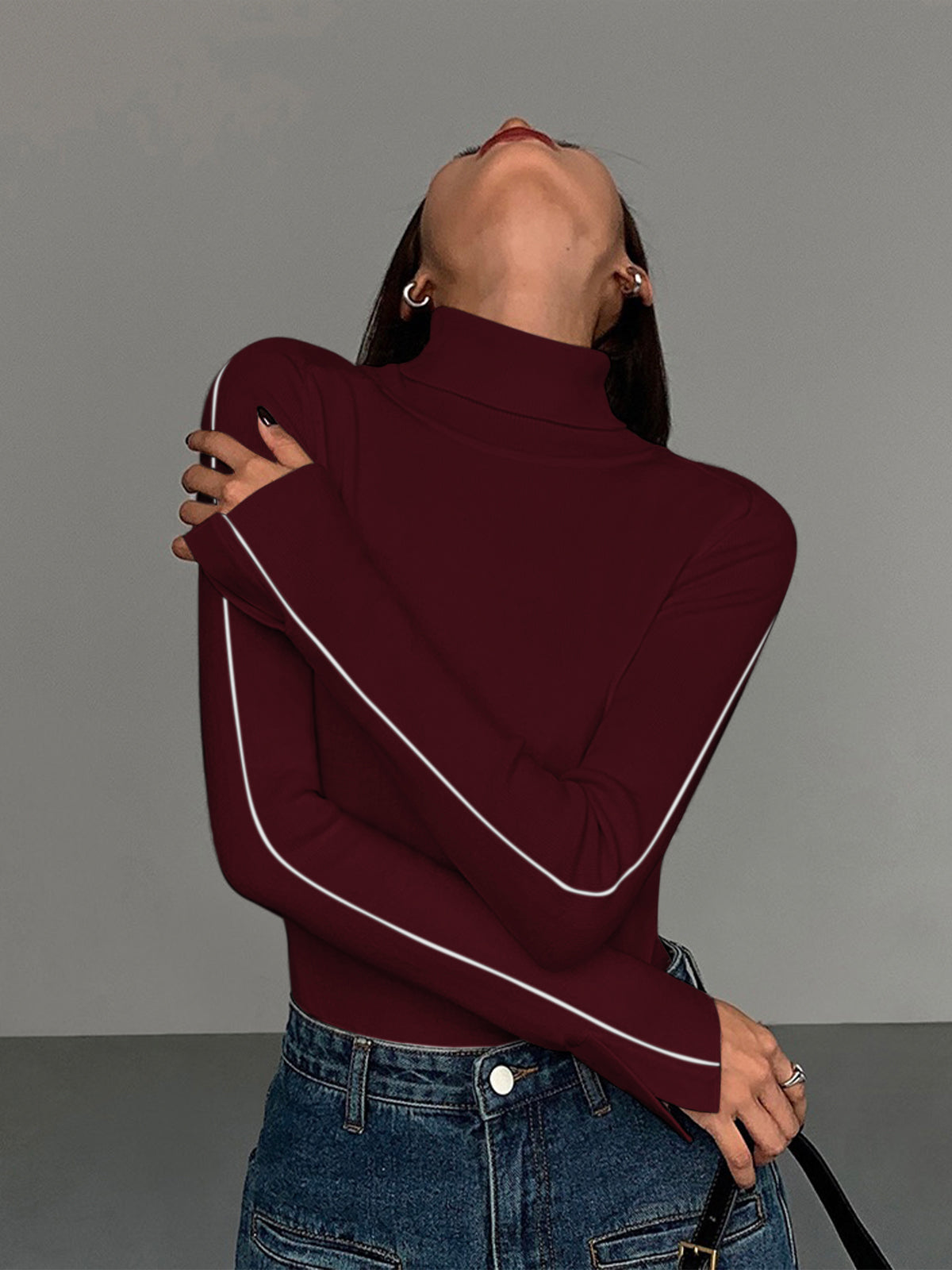 Ivory turtleneck knit sweater regular fit with contrast piping trim long sleeves