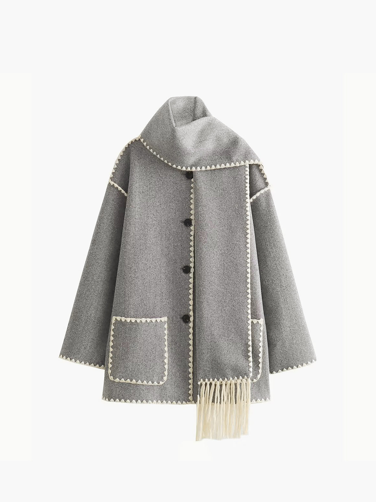 Casual elegant long sleeve woven jacket with contrast trim binding and matching scarf set