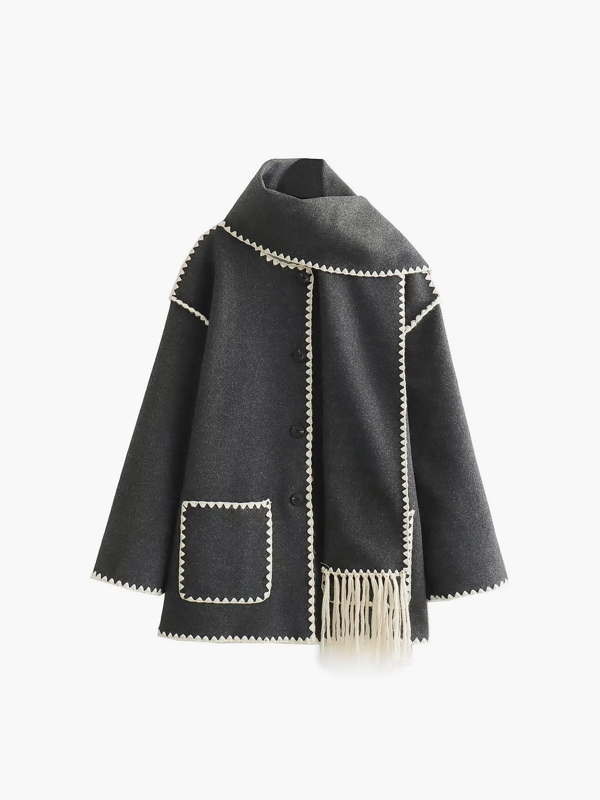 Elegant long sleeve shift jacket with contrast trim binding and matching scarf, casual woven style