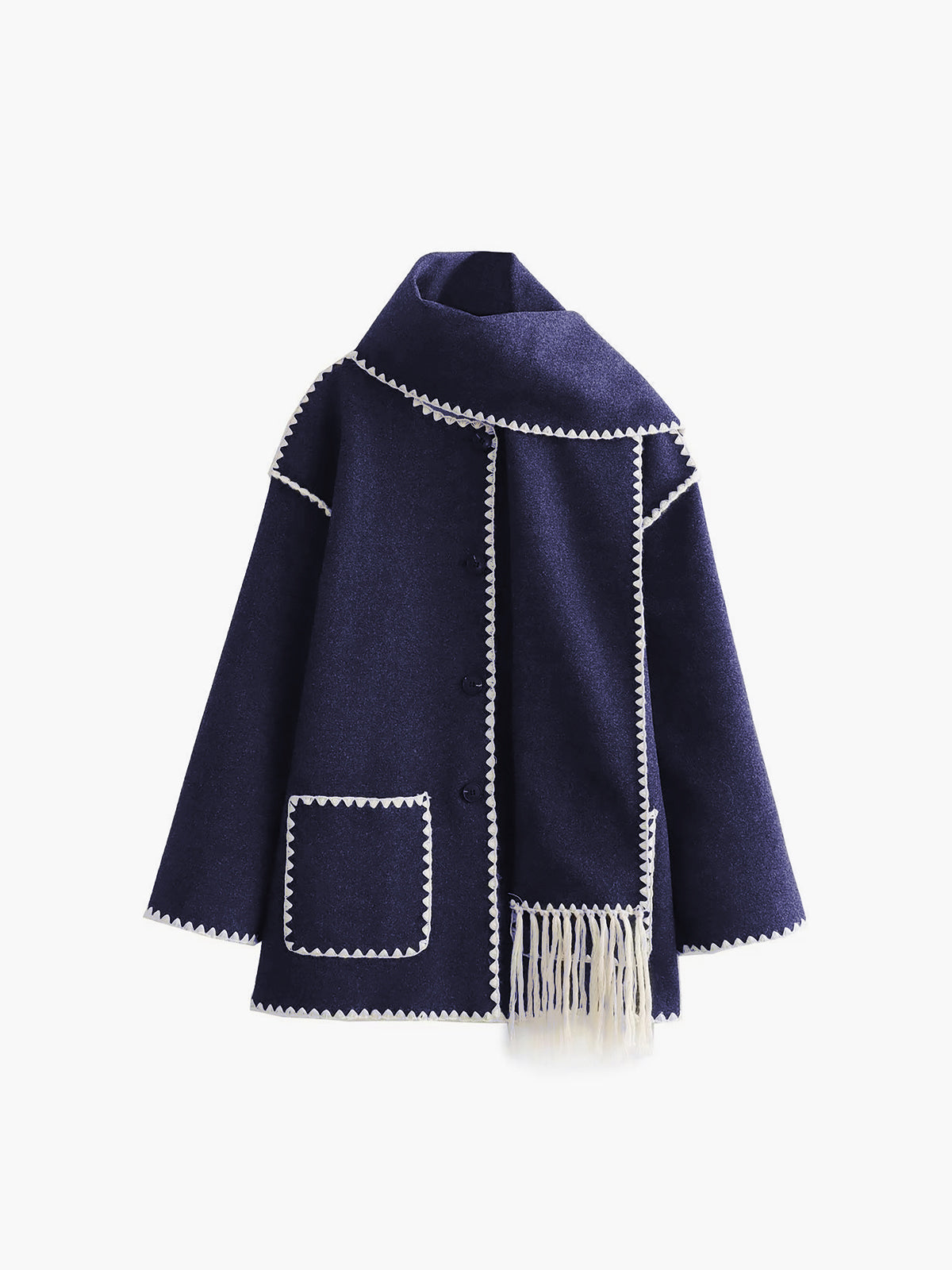 Elegant long sleeve shift jacket with contrast trim binding and matching scarf, casual woven style