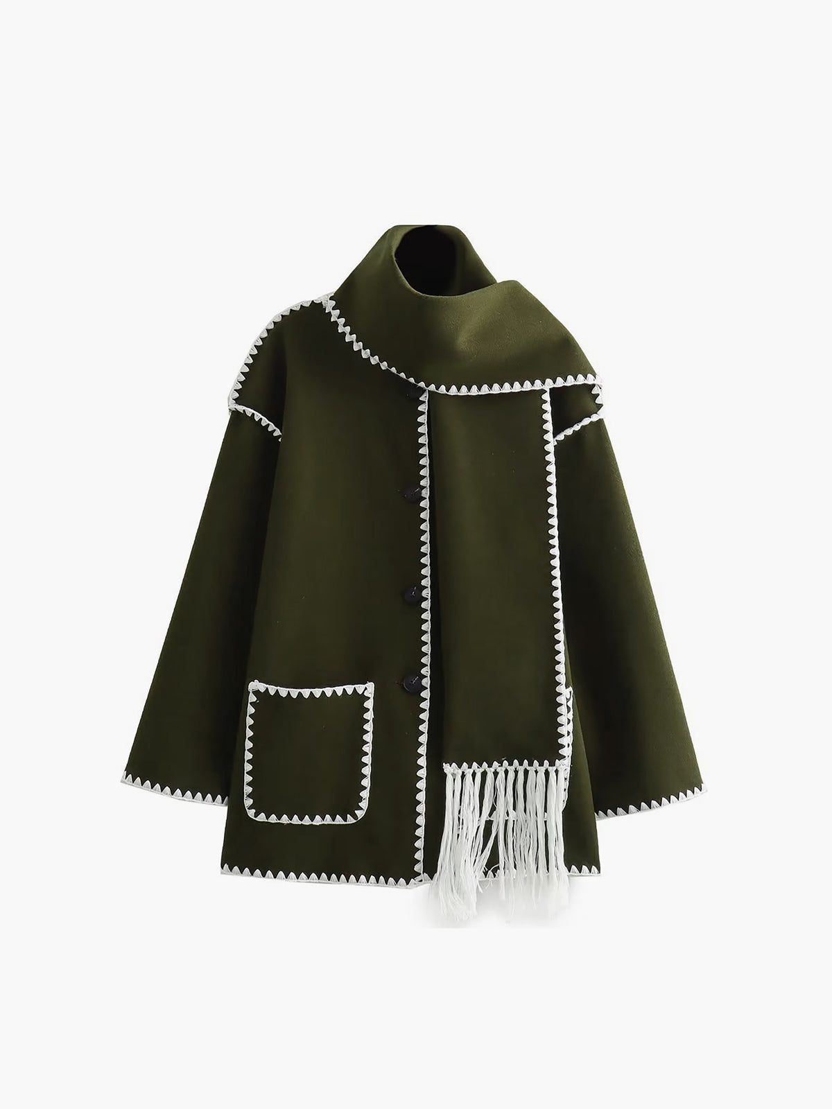 Elegant long sleeve shift jacket with contrast trim binding and matching scarf, casual woven style