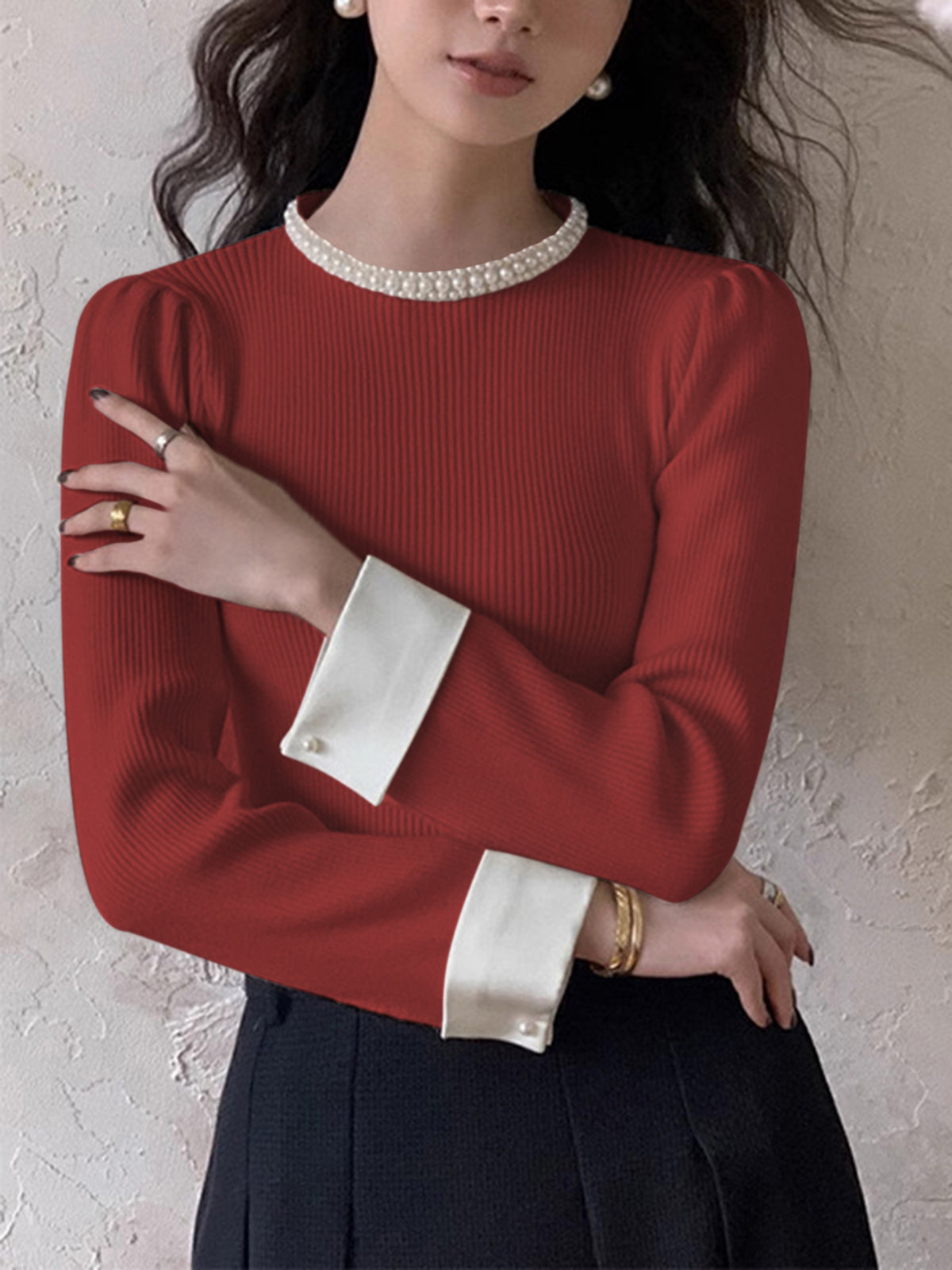 Slim fit elegant knit sweater with contrast trim binding and pearl detail accent