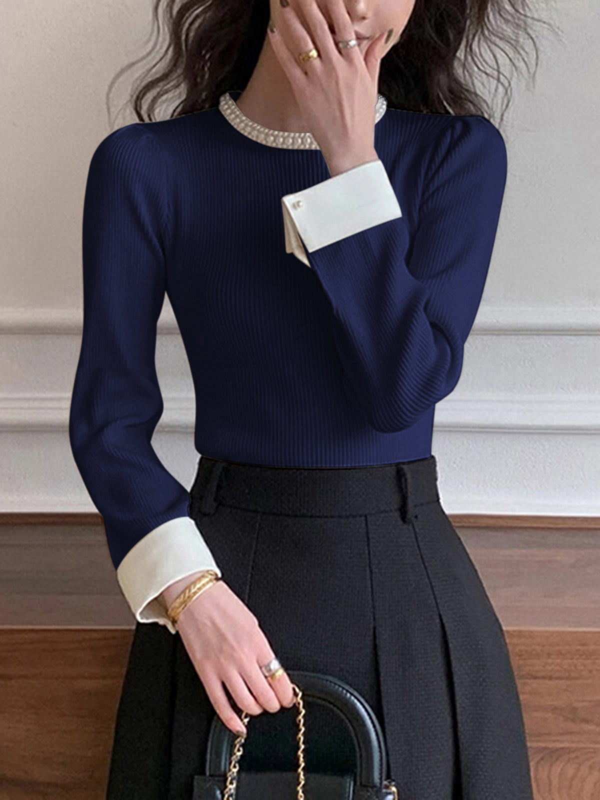 Slim fit elegant knit sweater with contrast trim binding and pearl details, versatile style