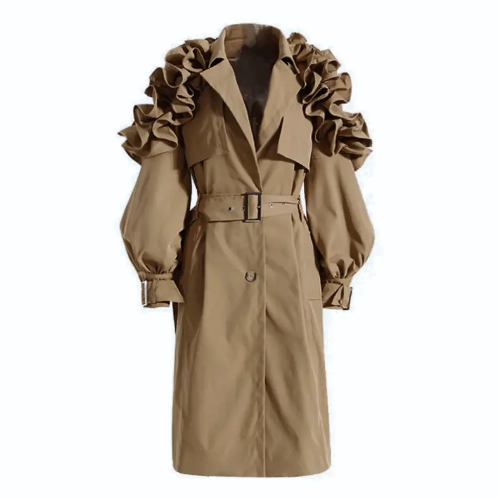 Women's Wavlynn belted coat with ruffle shoulders, defined waist, couture-inspired dramatic silhouette