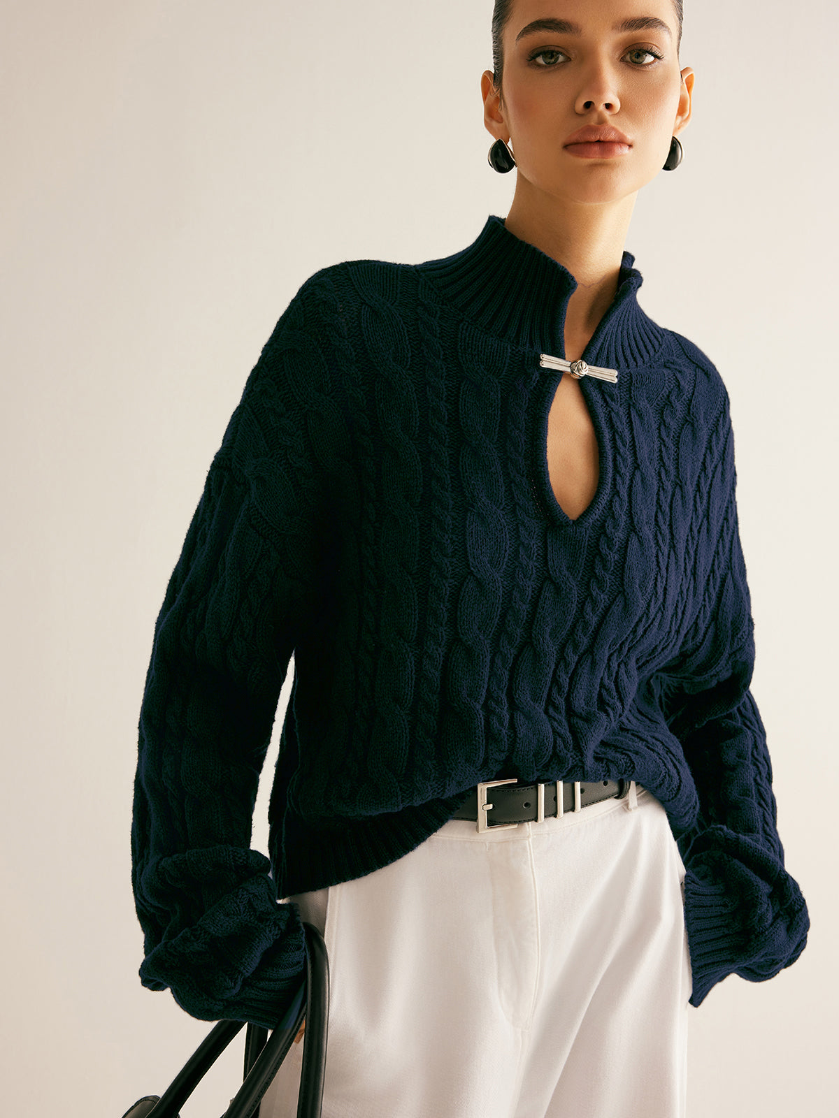 Cotton long sleeve knit top with keyhole neckline, stand collar, casual regular fit in neutral tone