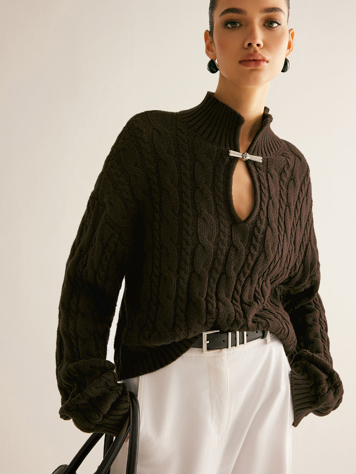 Women's cotton knit long sleeve top with stand collar keyhole neckline in casual regular fit