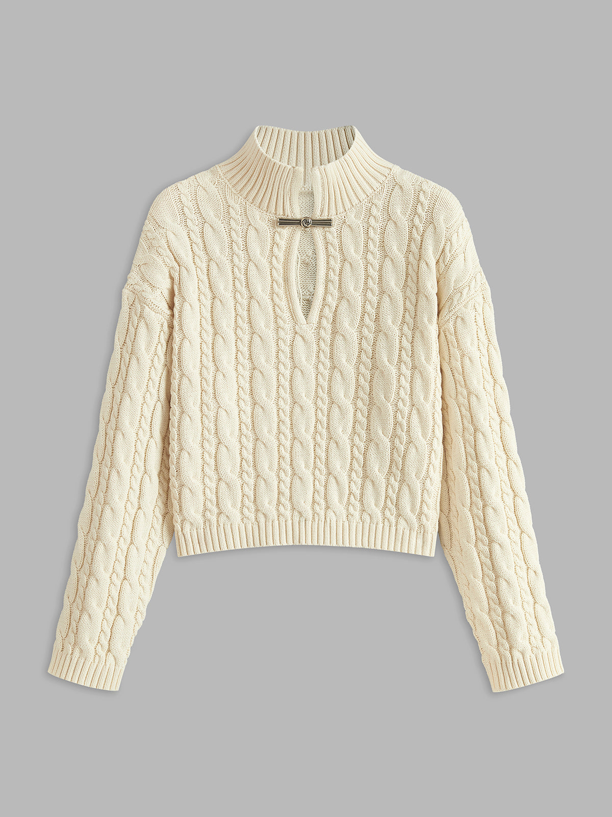 Cotton knit long sleeve top with keyhole neckline stand collar casual regular fit