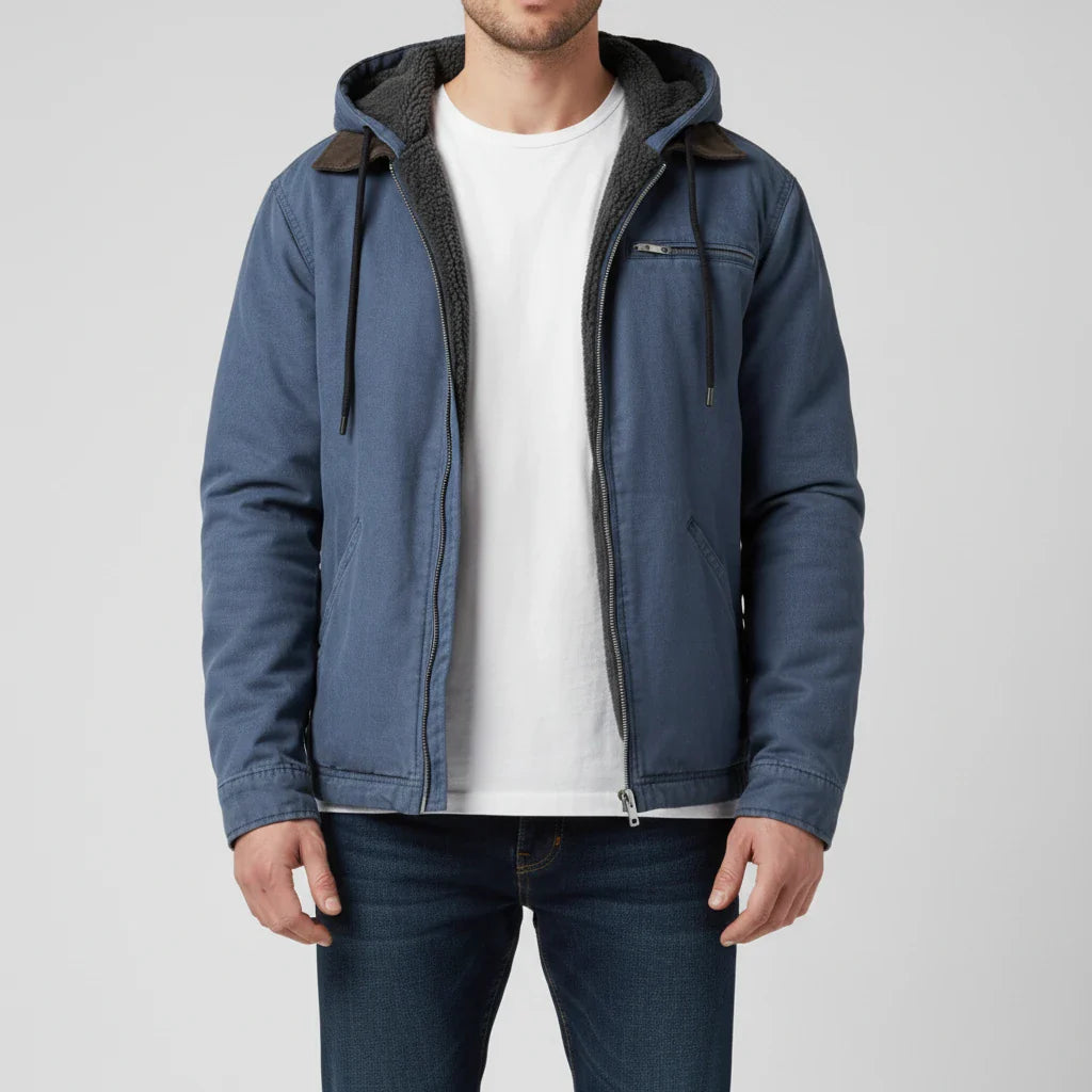 Wavlynn men's navy full-zip hooded jacket with chest pocket and adjustable drawstring hood