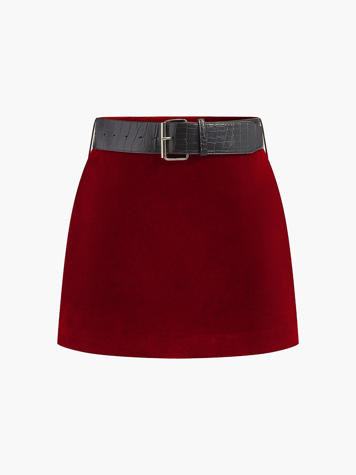 Black velvet mini skirt with crocodile-embossed belt, tailored silhouette for polished everyday style