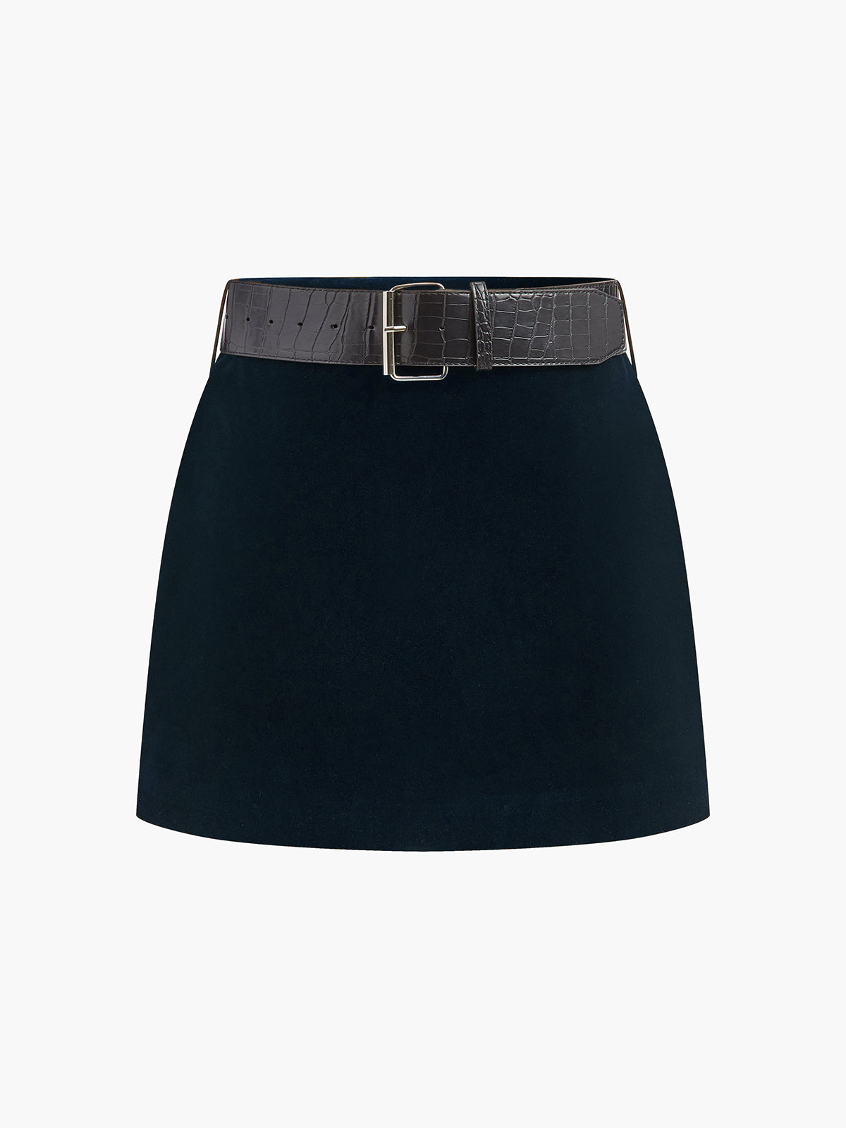 Black velvet mini skirt with crocodile-embossed belt, tailored silhouette for chic everyday style