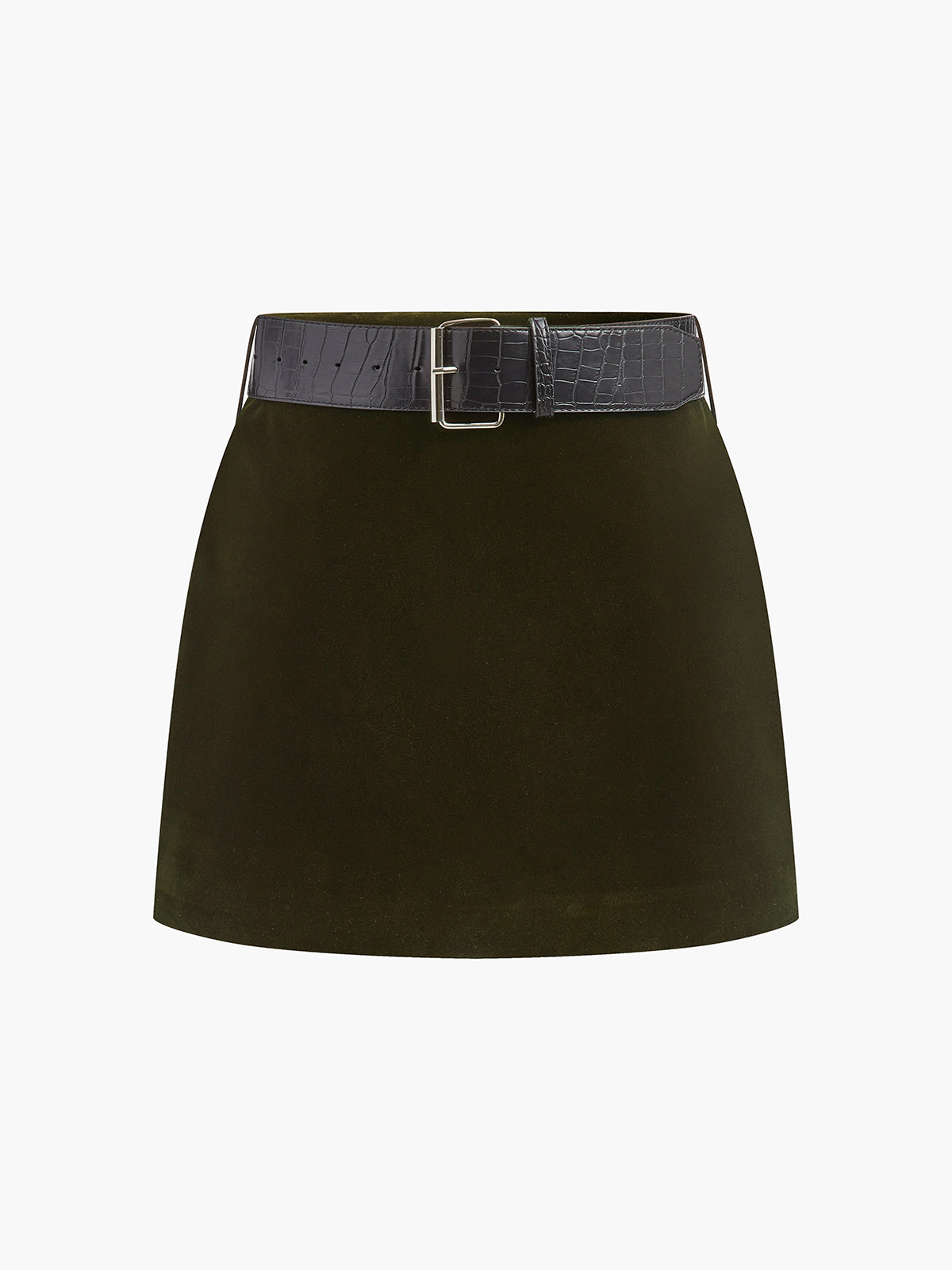 Black velvet mini skirt with crocodile-embossed belt, tailored silhouette for modern elegant style