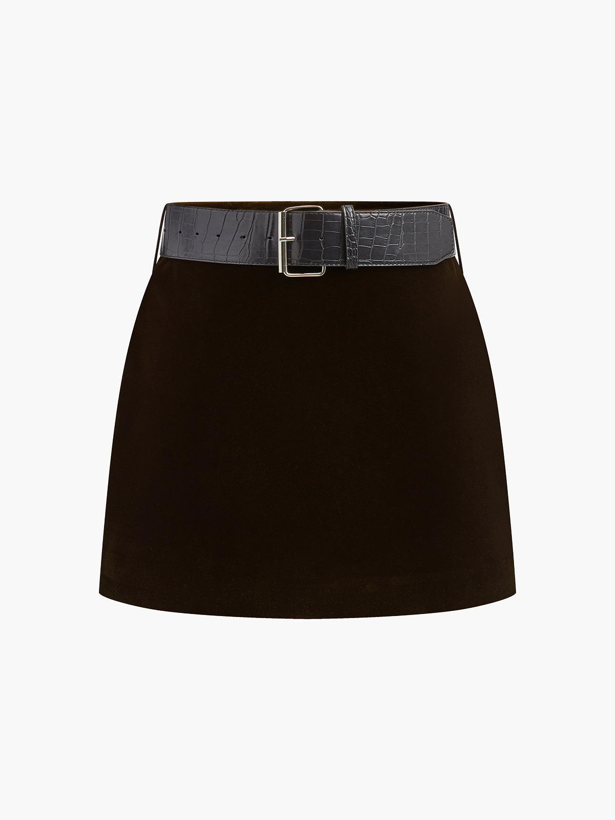 Black velvet mini skirt with crocodile-embossed belt, tailored silhouette for elegant modern style