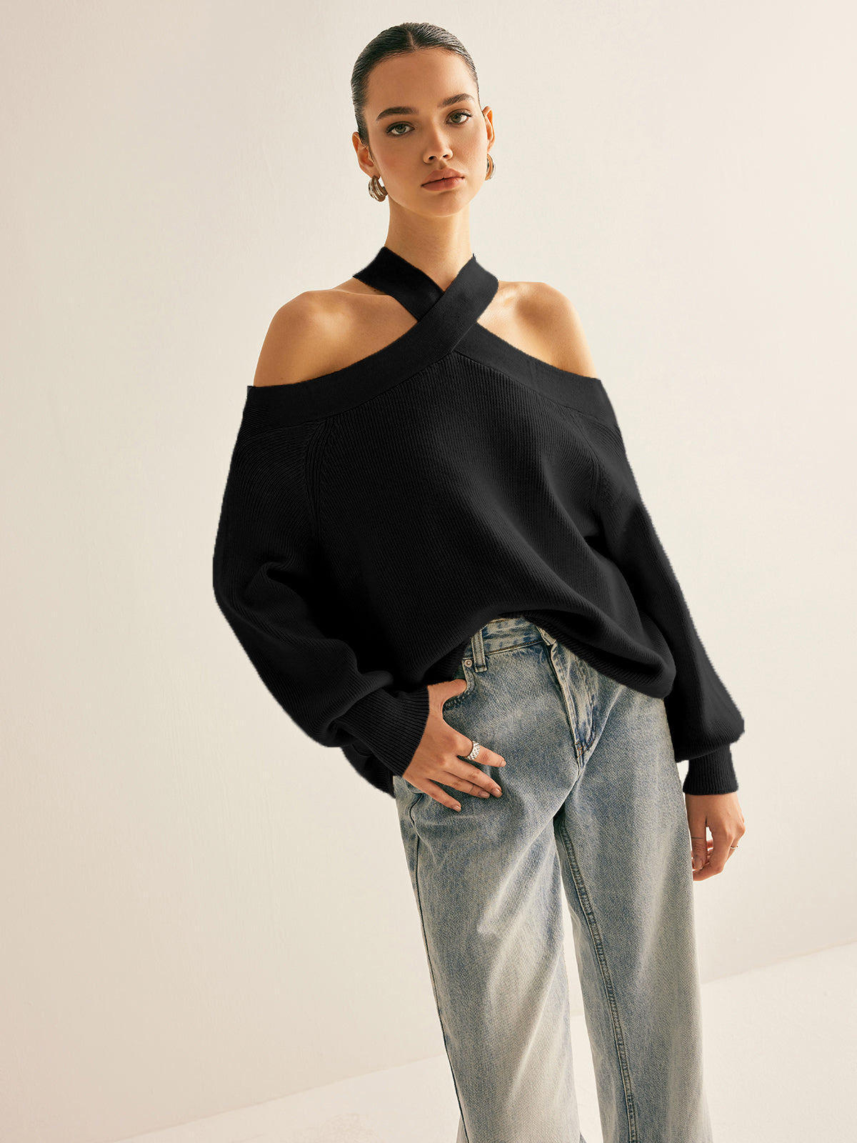 Knit cold-shoulder sweater crossover collar halter design casual elegant high-stretch shift fit