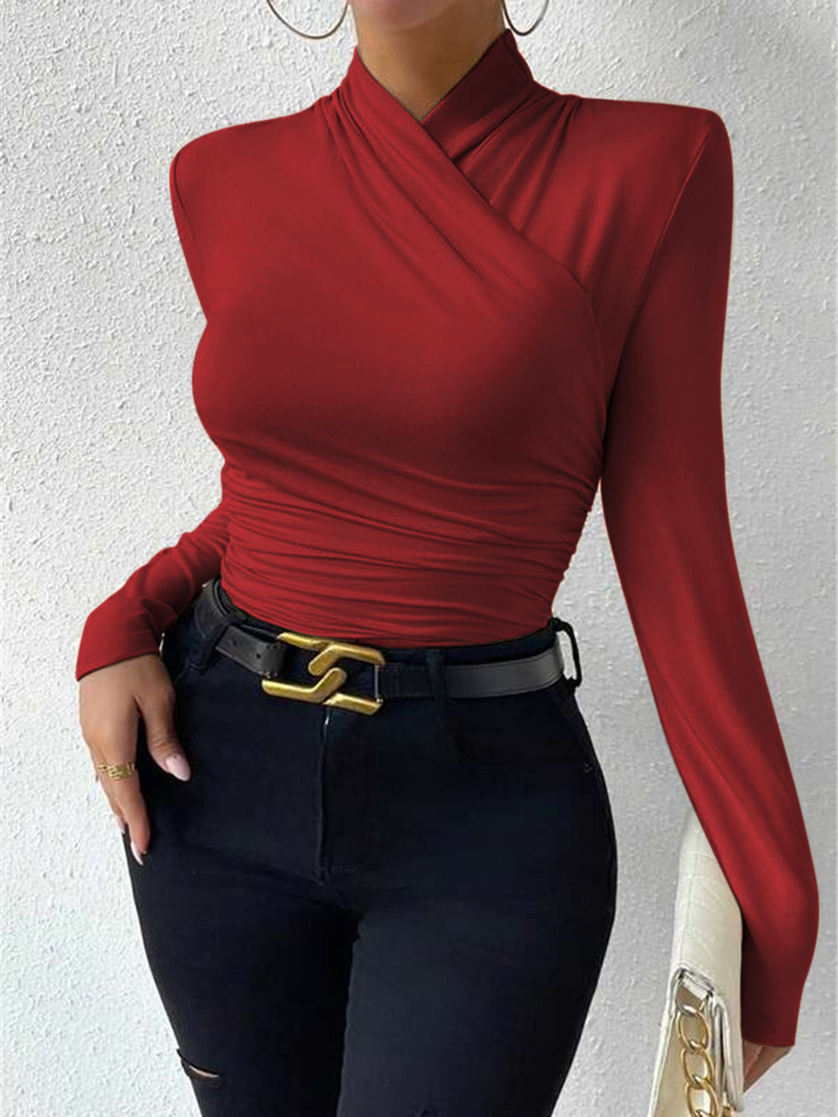 Elegant slim fit long sleeve crossover collar pleated cinched t-shirt in jersey fabric