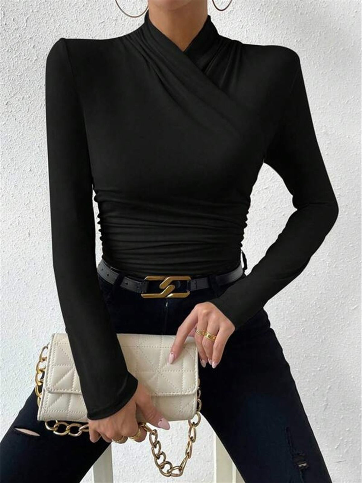 Elegant long sleeve slim fit cross-over collar pleated cinched t-shirt in jersey fabric