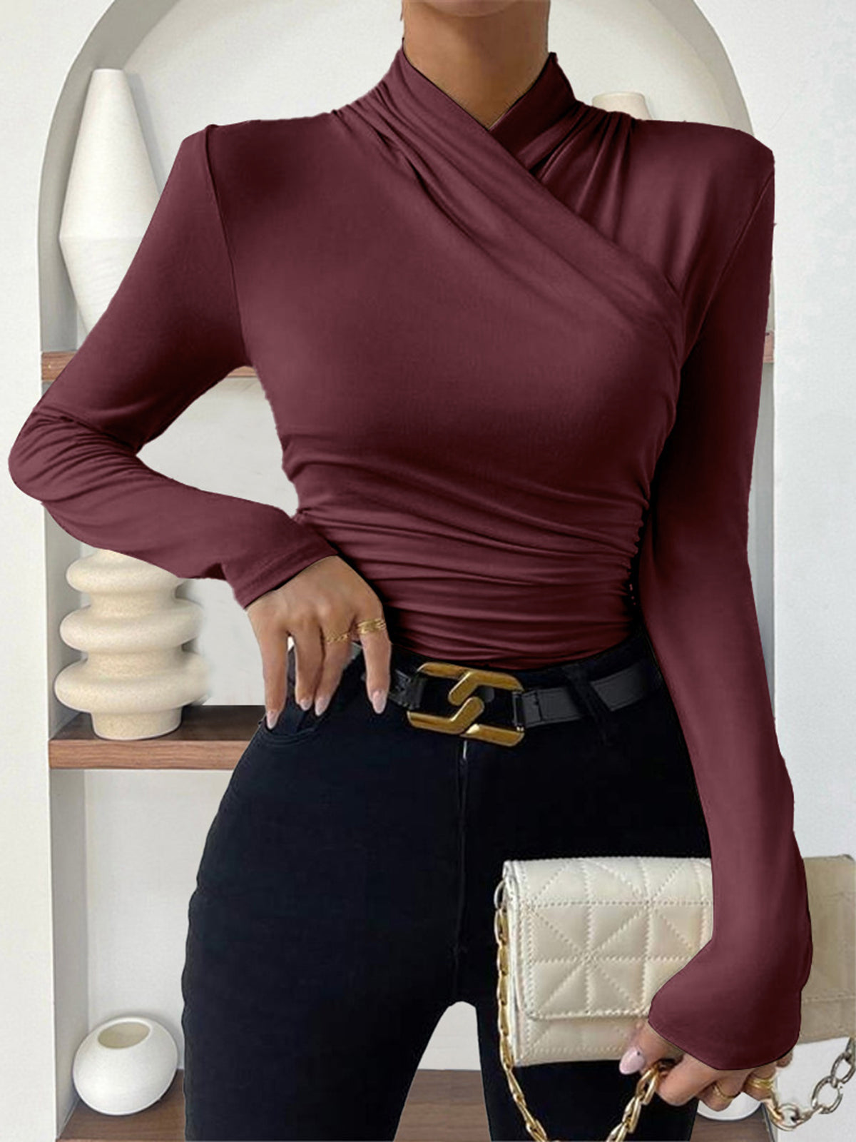 Elegant slim fit long sleeve crossover collar pleated cinched jersey t-shirt in solid color