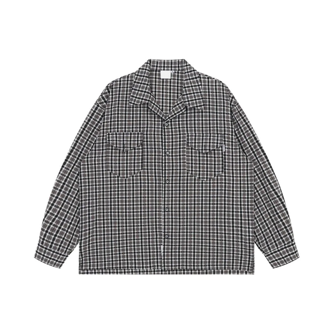 Men's relaxed-fit plaid cotton shirt with dual flap chest pockets and turn-down collar