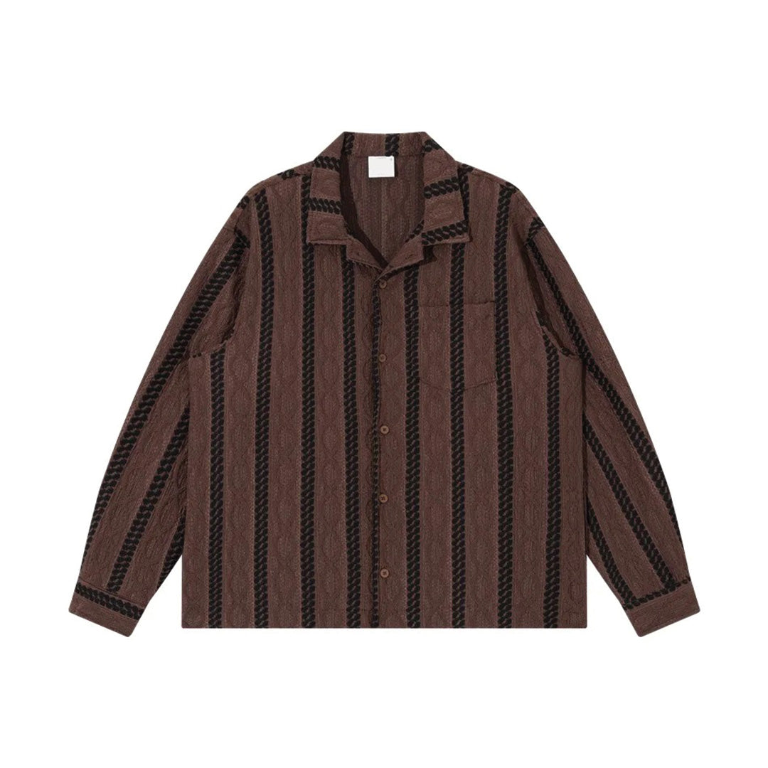 Men's white jacquard stripe Cuban collar shirt with lapel pocket and relaxed fit