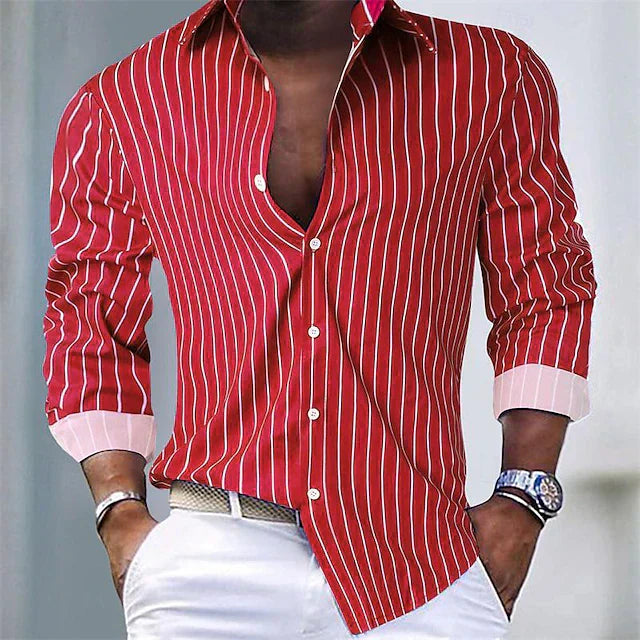 Men's slim fit striped shirt classic collar button closure contrast cuffs modern tailoring