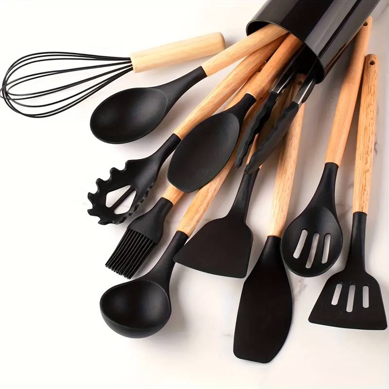 Minimalist 12-piece silicone and wood kitchen utensil set, heat-resistant up to 230°C, natural tones