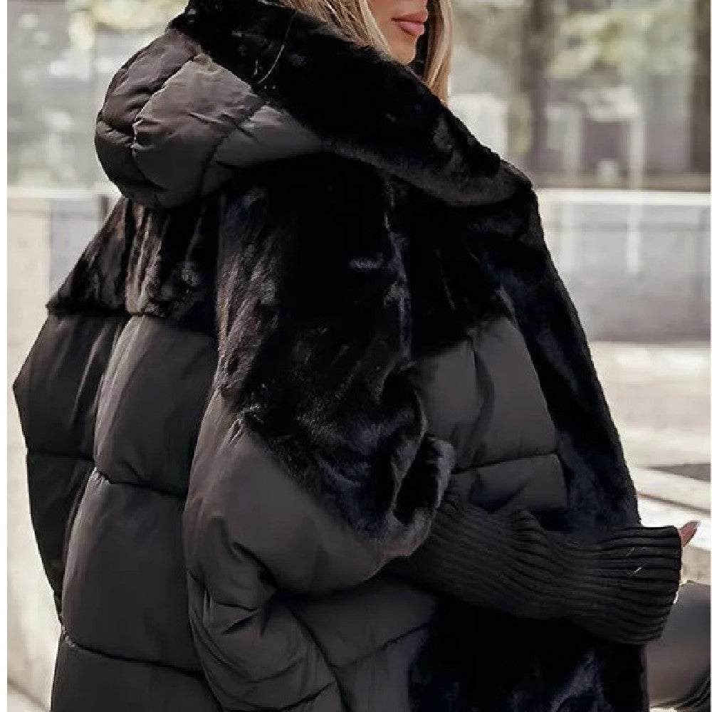 Women's oversized cocoon plush coat with faux fur trim, premium cotton, warm winter style