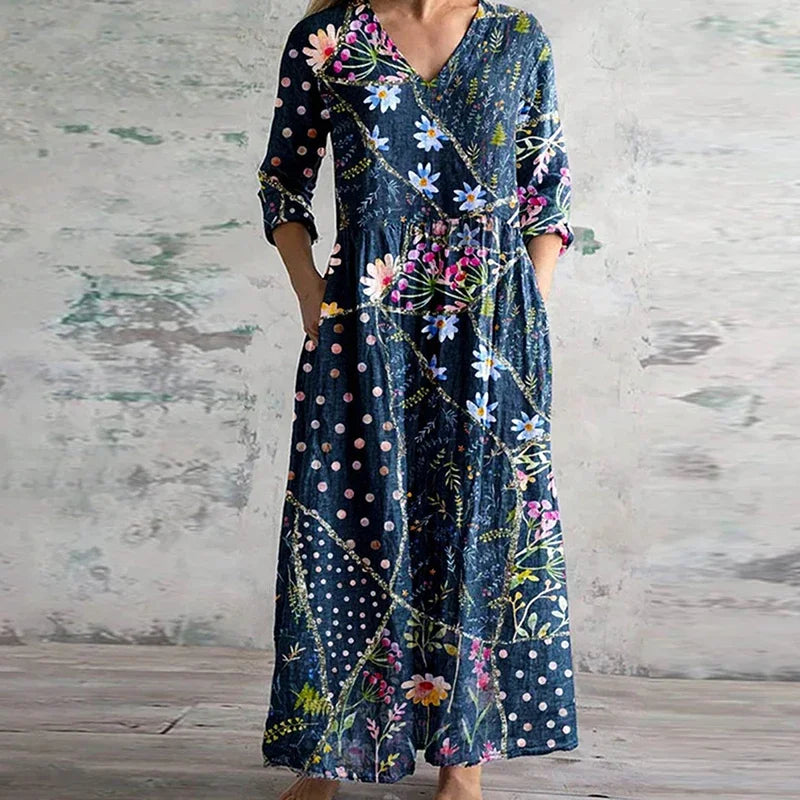 Elegant retro floral maxi dress with flowing silhouette and vintage-inspired feminine cut