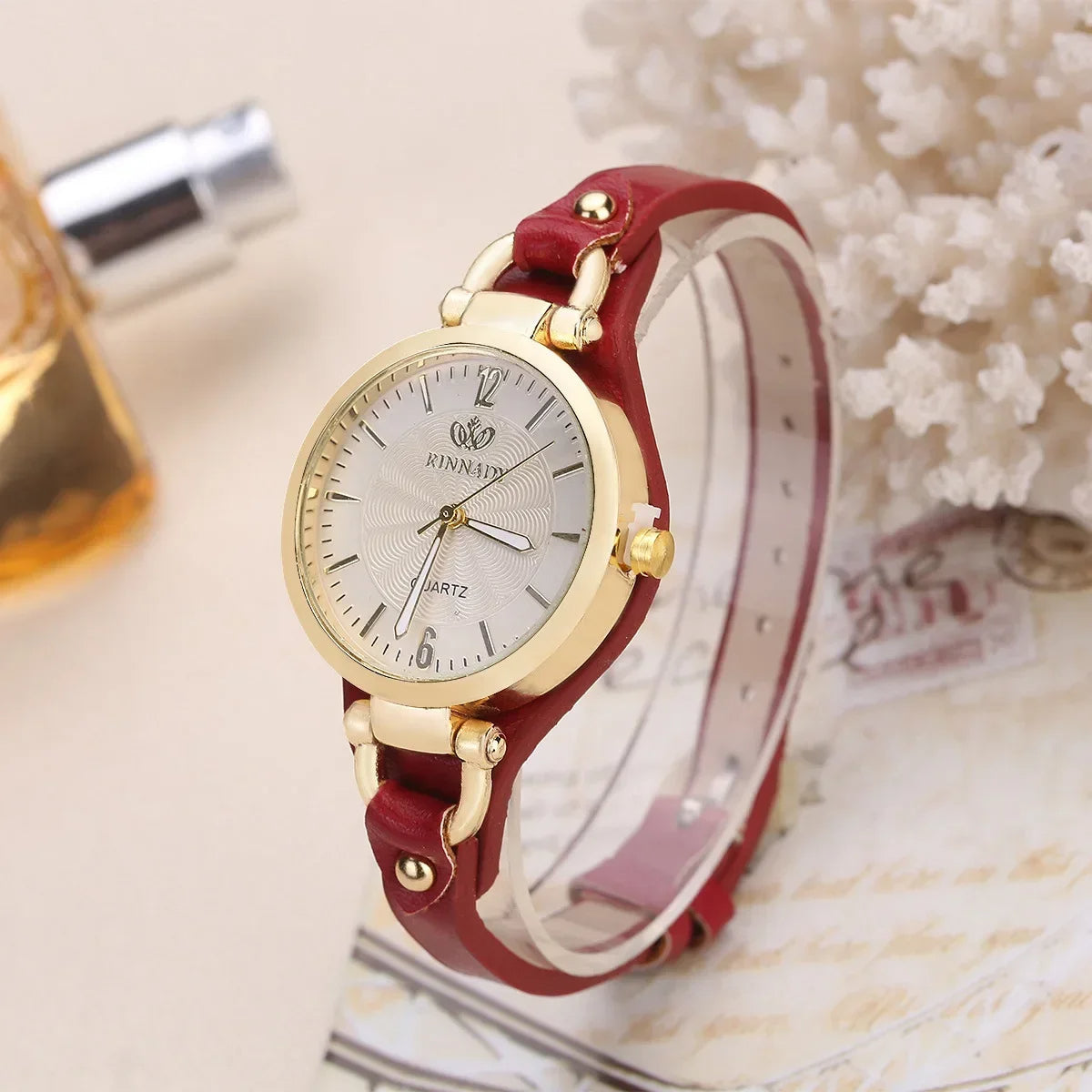 Sophie Elegant women's gold-tone stainless steel watch vegan leather strap minimalist quartz