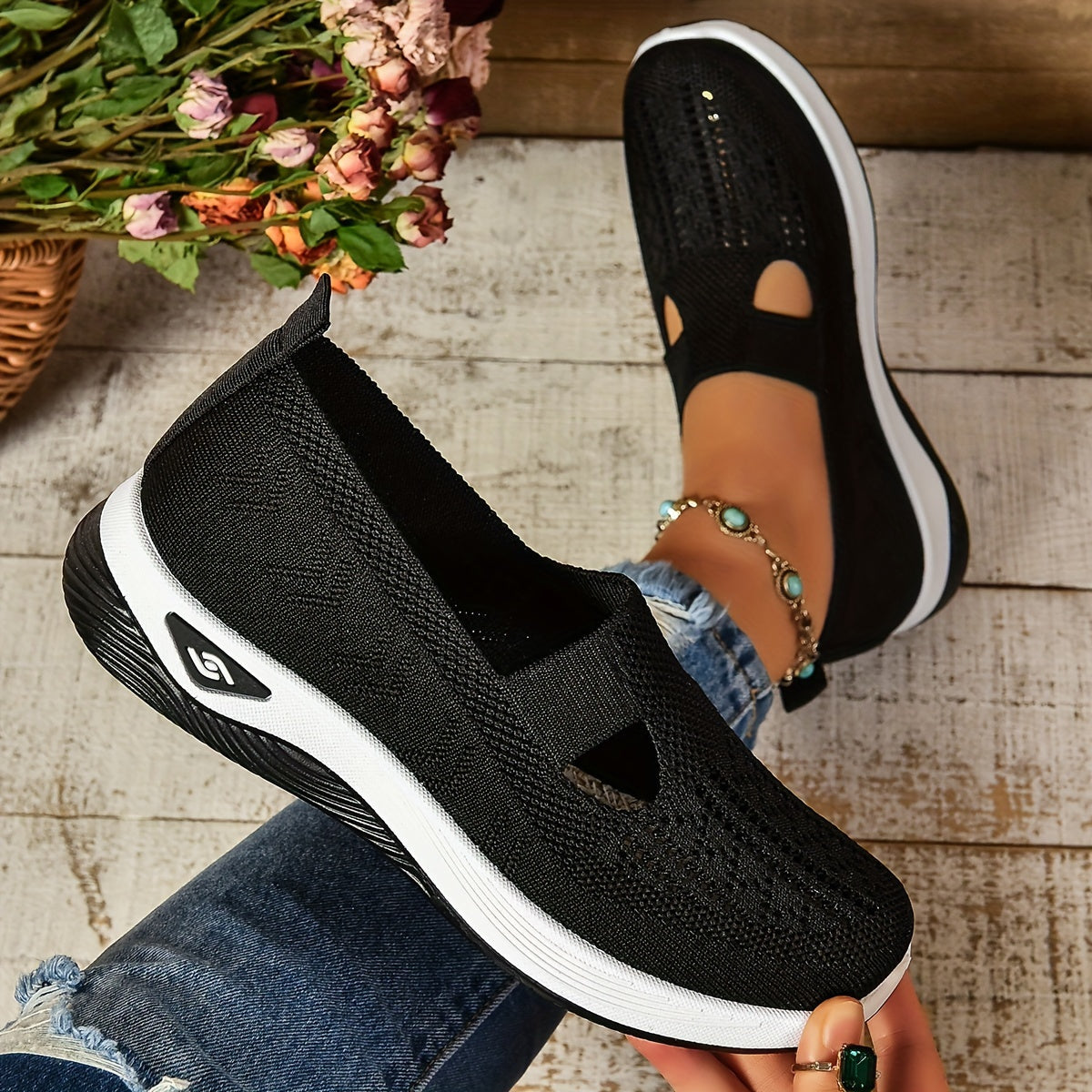 Women's slip-on knit sneakers in neutral tone, lightweight breathable upper with perforated pattern