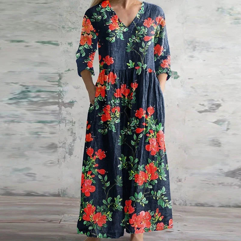Elegant retro floral maxi dress with flowing silhouette and vintage-inspired feminine fit