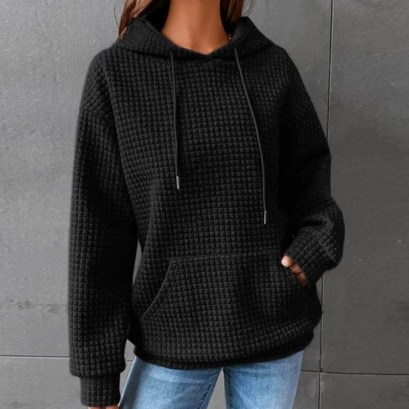 Women's relaxed-fit quilted hoodie with drawstring hood, kangaroo pocket, and ribbed trim