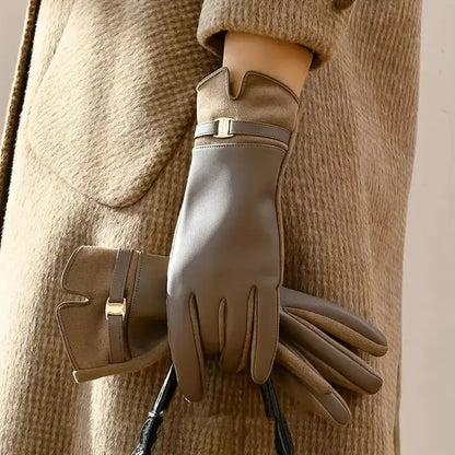 Black waterproof faux leather full-finger gloves with warm lining, elegant winter style