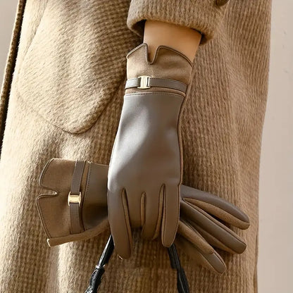 Women's black waterproof synthetic leather winter gloves with soft lining and full-finger coverage