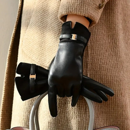Women's black waterproof synthetic leather winter gloves with soft lining and full-finger coverage