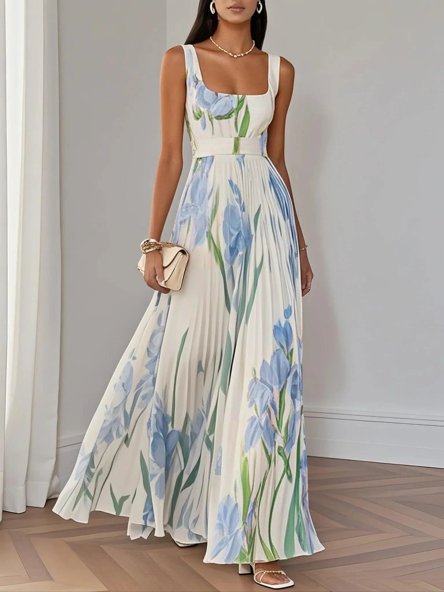 White pleated floral chiffon maxi dress with square neckline and flowing A-line silhouette