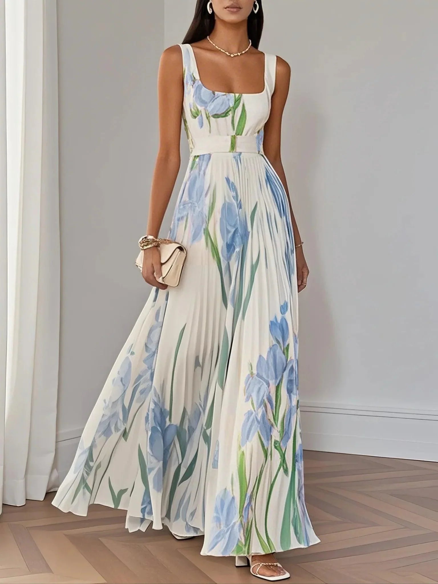 White pleated floral chiffon maxi dress with square neckline and flowing A-line silhouette